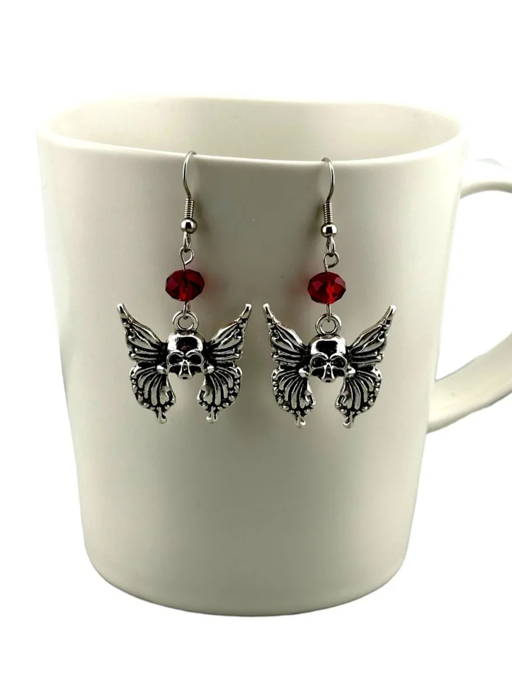 Winged Skull Earrings Red Crystal Gothic Halloween Silver Tone Dangle